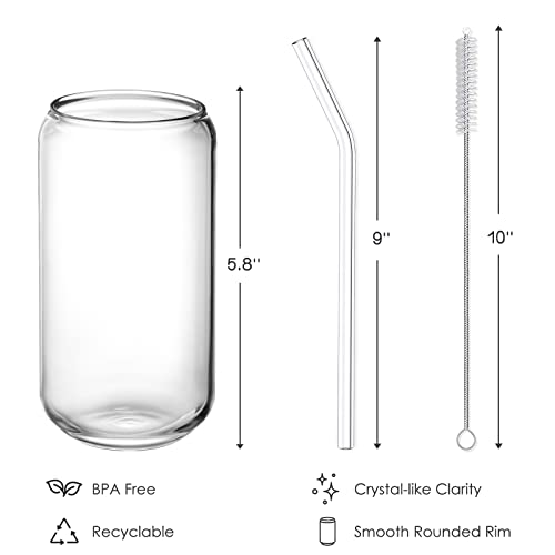 NETANY Drinking Glasses with Glass Straw 4pcs Set - 16oz Can Shaped Glass Cups for Beer, Iced Coffee, Tumbler Cup for Whiskey, Soda, Tea, Water, Gift - 2 Cleaning Brushes
