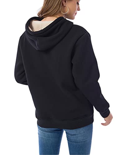 Haellun Womens Casual Winter Warm Fleece Sherpa Lined Pullover Hooded Sweatshirt (Black, Medium)