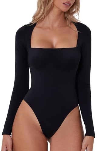 QINSEN Black Bodysuit for Women Square Neck Long Sleeve Double Lined Shirt Tops M