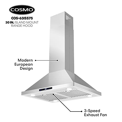 COSMO COS-63ISS75 Island Range Hood with 3-Speed Fan, 380 CFM, Permanent Filters, LED Lights, Soft Touch Controls, Ducted Kitchen Vent Hood Extractor, 30 inch, Stainless Steel