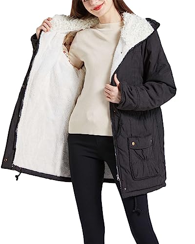 MEWOW Women's Winter Mid Length Thick Warm Faux Lamb Wool Lined Jacket Coat (XL, Black)