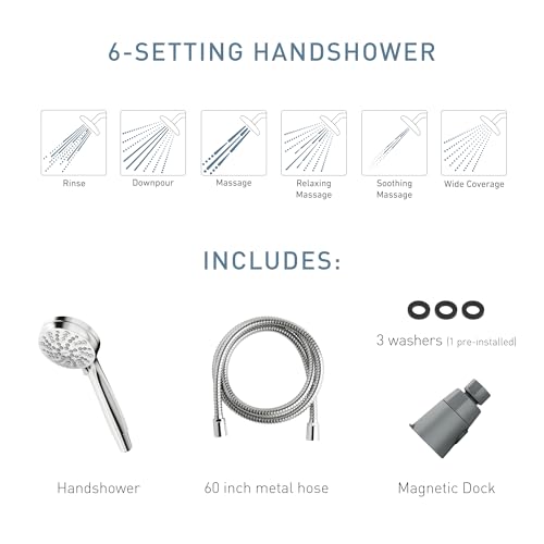 Moen Engage Magnetix Metal 3.5-Inch 6-Function Eco-Performance Handheld Showerhead with Magnetic Docking System, Removable Shower Head with Metal Hose, Chrome Finish
