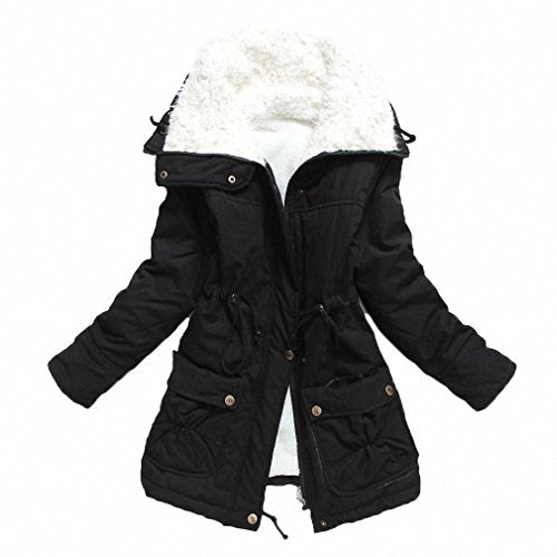 MEWOW Women's Winter Mid Length Thick Warm Faux Lamb Wool Lined Jacket Coat (L, Black)