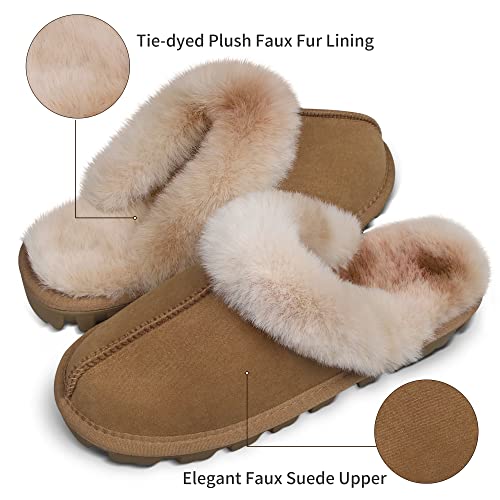 EZSURF Womens Fuzzy Outdoor House Slippers Super Soft Slip On Slippers Cozy Plush Faux Fur Scuff Indoor Fluffy Slipper Shoes Rubber Sole,Chestnut 9-10
