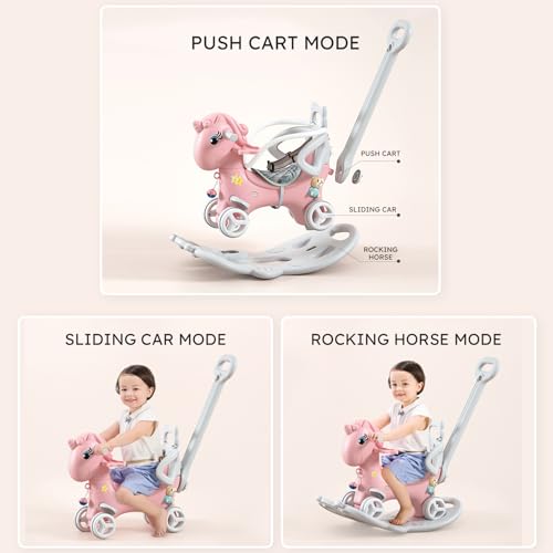 Legendstone Rocking Horse for Toddlers 1-5 Years,4 in 1 Design, Kids Ride on Toy Balance Bike Push Cart with Detachable Balance Board,Fun Birthday Gifts-Pink