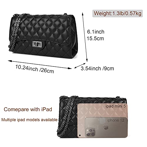 Quilted Crossbody Bags for Women Leather Ladies Shoulder Purses with Chain Strap Stylish Clutch Purse Black I