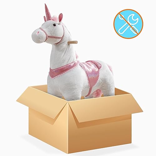 linor Ride on Horse for Kids for 4 Years to 9, Riding Horse Pink Unicorn Toy Mechanical Cycle Walking Action Plush Animal, Medium Size Max Load 165 LBS, No Battery or Electricity (Medium)