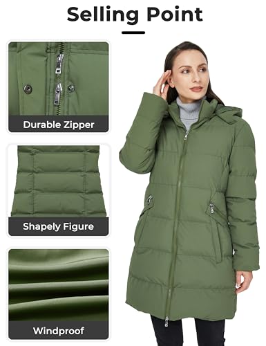 WenVen Women's Warm Winter Coat Long Thicken Puffer Jacket with Removable Hood (Army green,M)