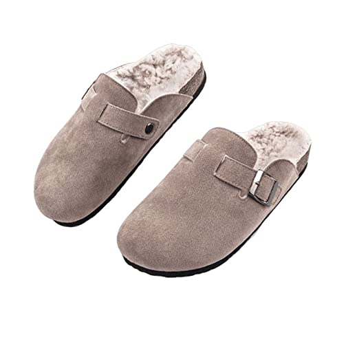Cork Clogs for Women, Plush Lined Boston Clogs with Arch Support Cow Suede Leather Clogs Indoor Outdoor Fuzzy Slippers with Adjustable Buckle Beige