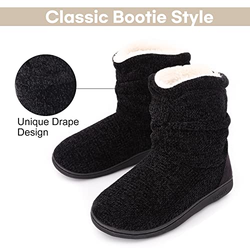 LongBay Women's Chenille Knit Bootie Slippers Cute Plush Fleece Memory Foam House Shoes (Large / 9-10 B(M), Black)