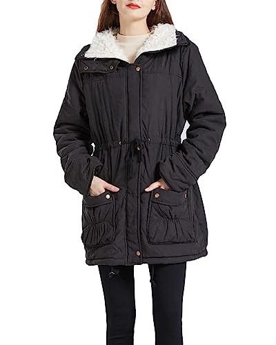 MEWOW Women's Winter Mid Length Thick Warm Faux Lamb Wool Lined Jacket Coat (XL, Black)