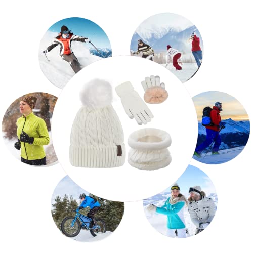 Womens Winter Beanie Hat Scarf and Gloves Set Girls Cable Beanies with Pompom Infinity Scarf Knitted Touch Screen Gloves Sets Ladies White Knit Thick Warm Soft Fleece Lined Thermal Cap
