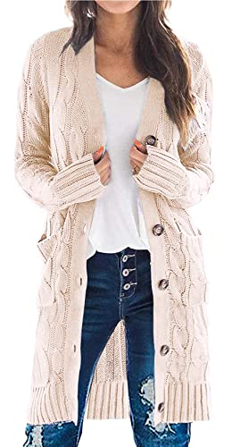 PRETTYGARDEN Long Sleeve Cable Knit Long Cardigan for Women 2023 Fall Winter Chunky Open Front Button Sweaters with Pockets (Off White, Medium)