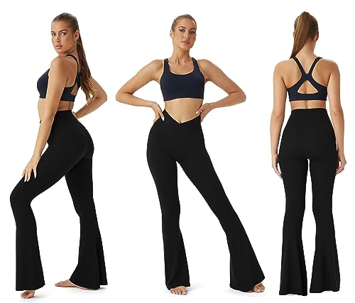 TOPYOGAS Women's High Waisted Super Flare Leggings Crossover Wide Leg Yoga Pants with Tummy Control Bootcut Yoga Leggings Black