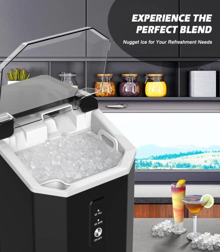 Nugget Ice Maker Countertop, Crushed Chewable Ice Maker, Self Cleaning Ice Makers with One-Click Operation, 34Lbs/24H, Pebble Portable Ice Machine with Ice Scoop for Home Bar Camping RV