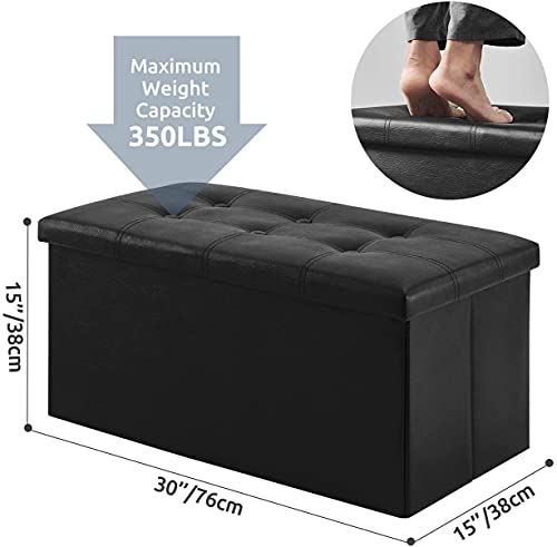 YOUDENOVA 30 inches Folding Storage Ottoman, 80L Storage Bench for Bedroom and Hallway, Faux Leather Black Footrest with Foam Padded Seat, Support 350lbs