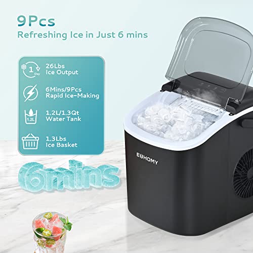 EUHOMY Countertop Ice Maker Machine with Handle, 26lbs in 24Hrs, 9 Ice Cubes Ready in 6 Mins, Auto-Cleaning Portable Ice Maker with Basket and Scoop, for Home/Kitchen/Camping/RV. (Black)