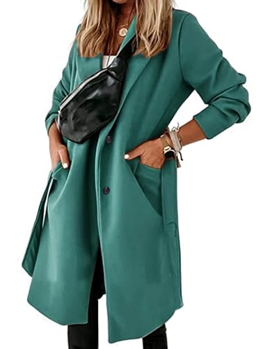 Hooever Women's Double Breasted Wool Blend Coat Winter Notched Lapel Belted Peacoat Mid Long Jacket(Teal-XL)