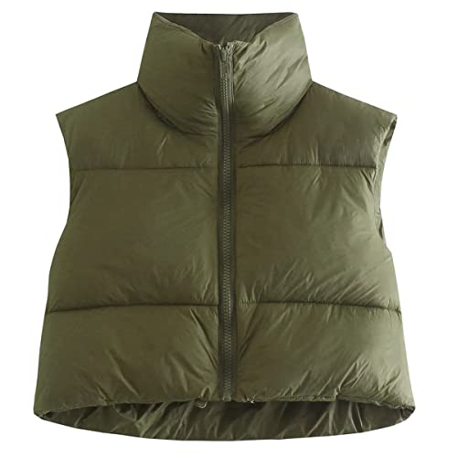 KEOMUD Women's Winter Crop Vest Lightweight Sleeveless Warm Outerwear Puffer Vest Padded Gilet Armygreen X-Small