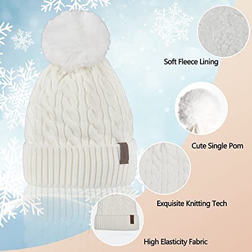 Womens Winter Beanie Hat Scarf and Gloves Set Girls Cable Beanies with Pompom Infinity Scarf Knitted Touch Screen Gloves Sets Ladies White Knit Thick Warm Soft Fleece Lined Thermal Cap