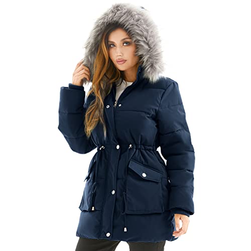 FARVALUE Women's Winter Coat Down Long Parka Winter Jacket Thicken Puffer Coat Warm Jacket with Removable Fur Hood Navy 3XL