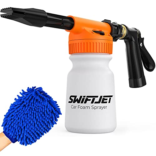 SwiftJet Car Wash Foam Gun + Microfiber Wash Mitt - Car Foam Sprayer - Foam Cannon Garden Hose - Spray Foam Gun Cleaner - Car Wash Kit - Car Accessories for Men - Snow Foam Blaster