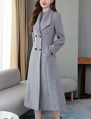 IDEALSANXUN Long Wool Coats for Women Fall Winter 2022 Double Breasted Vintage Pea Coats Jacket (Grey, M)