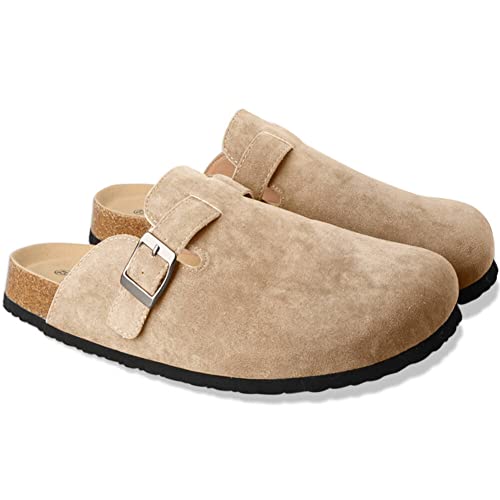 Boston Clogs for Women Boston Dupes Suede Soft Leather Classic Cork Clog Antislip Sole Slippers Waterproof Mules House Sandals with Arch Support and Adjustable Buckle Unisex