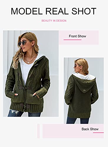 Dokotoo Womens Fashion Ladies Winter Warm Hooded Casual Fleece Fuzzy Cardigans Button Open Front Ribbed Long Sleeve Cable Knit Sweater Pullovers Coat Jackets Outerwear Green Small