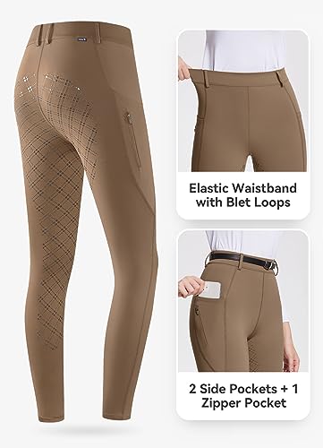 BALEAF Womens Horse Riding Pants Full Seat Riding Breeches Equestrian Tights Horseback Silicone Zipped Pocket Brown M