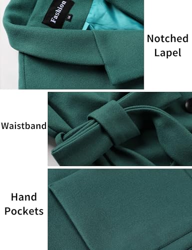 Hooever Women's Double Breasted Wool Blend Coat Winter Notched Lapel Belted Peacoat Mid Long Jacket(Teal-XL)