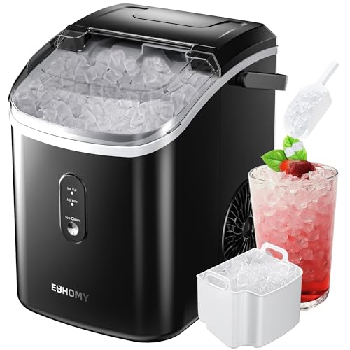 EUHOMY Nugget Ice Maker Countertop with Handle, Ready in 6 Mins, 34lbs/24H, Removable Top Cover, Auto-Cleaning, Portable Pebble Ice Maker with Basket and Scoop, for Home/Party/Camping. (Black)