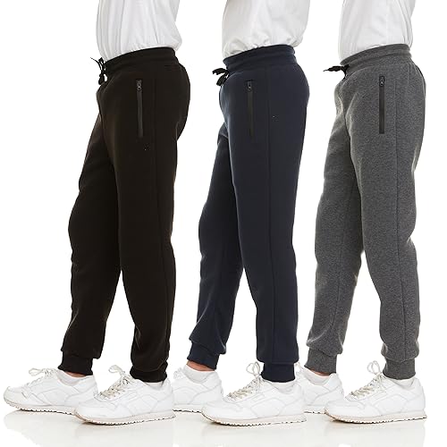 PURE CHAMP 3Pk Boys Sweatpants Fleece Athletic Workout Kids Clothes Boys Joggers with Zipper Pocket and Drawstring Size 4-20 (SET2 Size 6/7)
