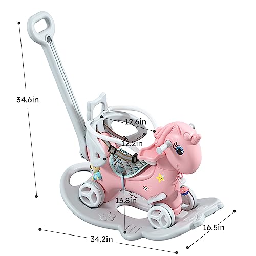 Legendstone Rocking Horse for Toddlers 1-5 Years,4 in 1 Design, Kids Ride on Toy Balance Bike Push Cart with Detachable Balance Board,Fun Birthday Gifts-Pink