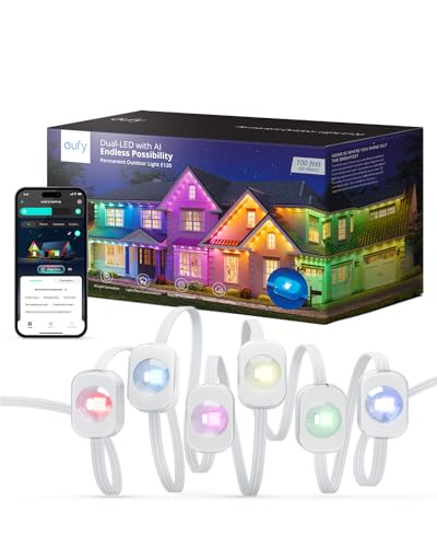 eufy Permanent Outdoor Light E120, 100ft with 60 Dual-LED RGB and Warm White Eave Lights, App Control, AI Light Design, Endless Themes for Halloween, Christmas Decor, Works with eufy cameras