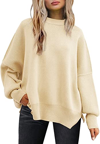 LILLUSORY Women's Crewneck Batwing Long Sleeve Sweater 2023 Fall Oversized Ribbed Knit Side Slit Pullover Top Apricot