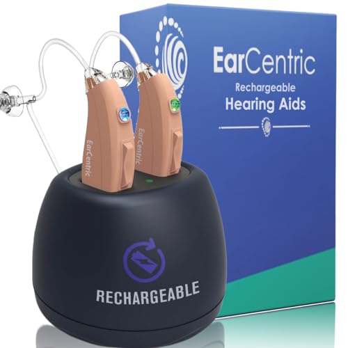 EarCentric EasyCharge Rechargeable Hearing Aids (Pair) for Seniors, Behind-The-Ear BTE Ear Aid PSAP digital Personal sound amplification products devices with Noise Cancellation (Beige)