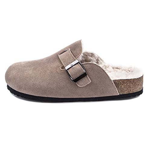 Cork Clogs for Women, Plush Lined Boston Clogs with Arch Support Cow Suede Leather Clogs Indoor Outdoor Fuzzy Slippers with Adjustable Buckle Beige