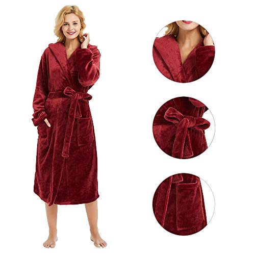 HEARTNICE Womens Hooded Fleece Robe, Soft Plush Bathrobe for Womens, Fluffy Cute Long House Coat (A-Wine Hooded, S/M)