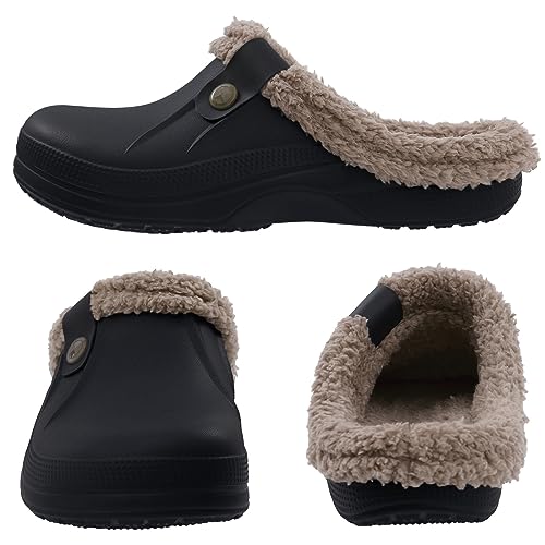 Beslip Classic Fur Lined Waterproof Winter Fuzzy Slippers, Black and Khaki, Women's Sizes 8.5-9