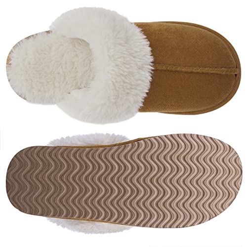 Litfun Women's Fuzzy Memory Foam Slippers Fluffy Winter House Shoes Indoor and Outdoor, Brown 8-8.5