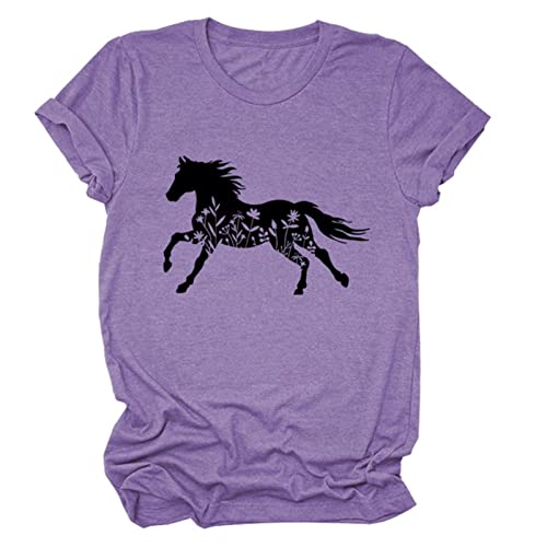 T-Shirts for Women, Floral Horse Graphic Print Crewneck Tee Tops Casual Loose Tops Farm Lover Gift Shirts Purple