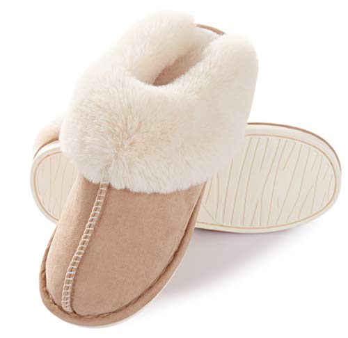 Donpapa Womens Slipper Memory Foam Fluffy Soft Warm Slip On House Slippers,Anti-Skid Cozy Plush for Indoor Outdoor Tan 8.5-9