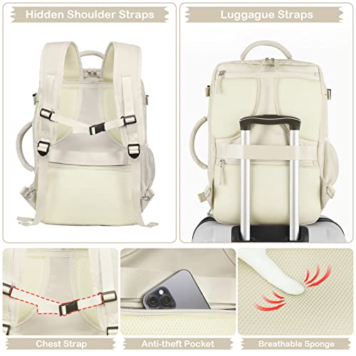 Hanples Extra Large Travel Backpack for Women as Person Item Flight Approved, 40L Carry On Backpack, 17 Inch Laptop Waterproof Hiking Casual Bag Backpack(Beige)