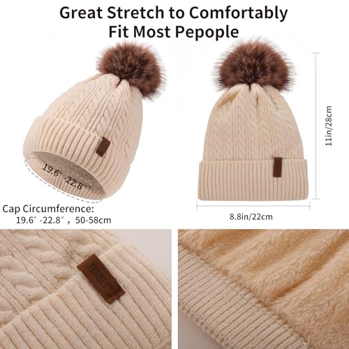 Womens Winter Beanie Hat Scarf and Gloves Set Girls Cable Beanies with Pompom Knitted Scarf Touch Screen Gloves Sets Ladies Beige Knit Thick Warm Soft Fleece Lined Thermal Cap