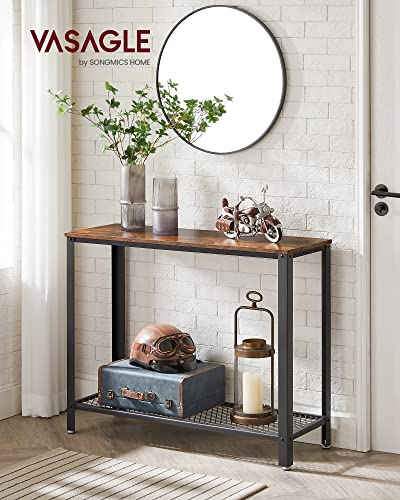 VASAGLE Console Table, 2-Tier Entryway Table with Mesh Shelf, Narrow Sofa Table, Steel Frame, Adjustable Feet, for Hallway, Living Room, Industrial Style, Rustic Brown and Black ULNT80X