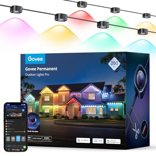 Govee Permanent Outdoor Lights Pro, 200ft with 120 RGBIC Warm Cold White LED Lights, 75 Scene Modes for Halloween, Christmas, IP67 Waterproof, Work with Alexa, Google Assistant, Matter, Black Version