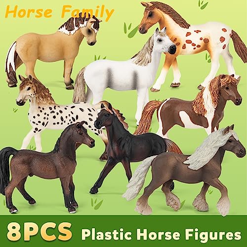 8 in 1 Horse Toy Set for Girl Age 6-12, 8 Pcs Realistic 5 inch Plastic Horse Figure with Horse Stable, Horse Toy Figurine Farm Animal Gift for Boy Toddler Kid Horse Birthday Party Decoration Supplies