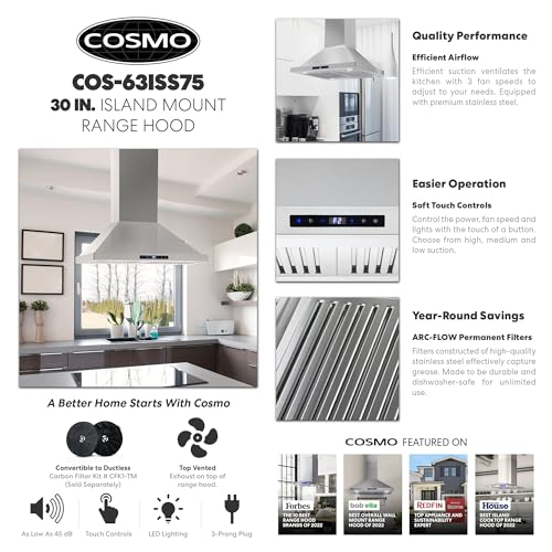 COSMO COS-63ISS75 Island Range Hood with 3-Speed Fan, 380 CFM, Permanent Filters, LED Lights, Soft Touch Controls, Ducted Kitchen Vent Hood Extractor, 30 inch, Stainless Steel