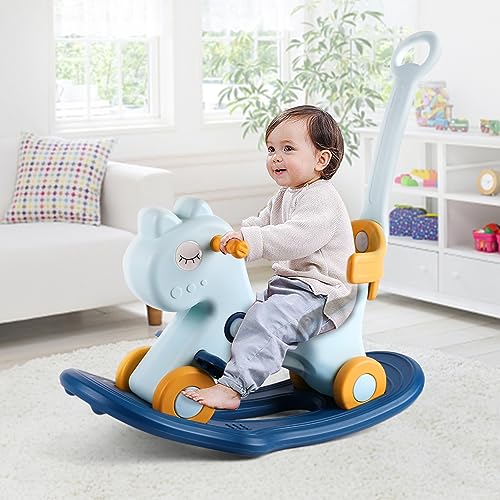LLparty 4 in 1 Rocking Horse for Toddlers 1-3 Years Old, Baby Rocking Toy Fun Birthday Gift for 1+ Boys, Ride on Toy with Detachable Balance Board and Footrest，Balance Bike with Push Handle，Blue
